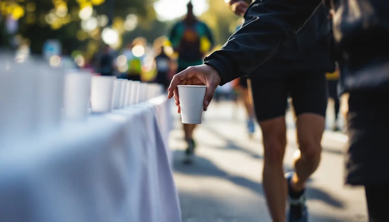 Coureur saisissant un gobelet d'eau à une table de ravitaillement pendant un marathon