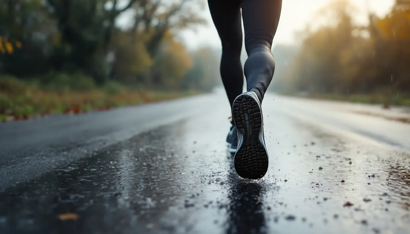 Coureur sur une route mouillée sous la pluie, vu de dos, semelle crantée et éclaboussures sur l'asphalte