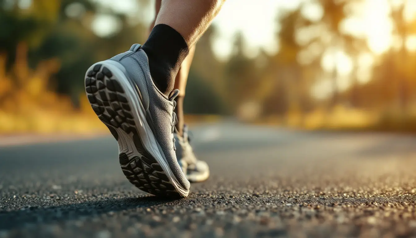 Gros plan sur la foulée d'un coureur sur une route