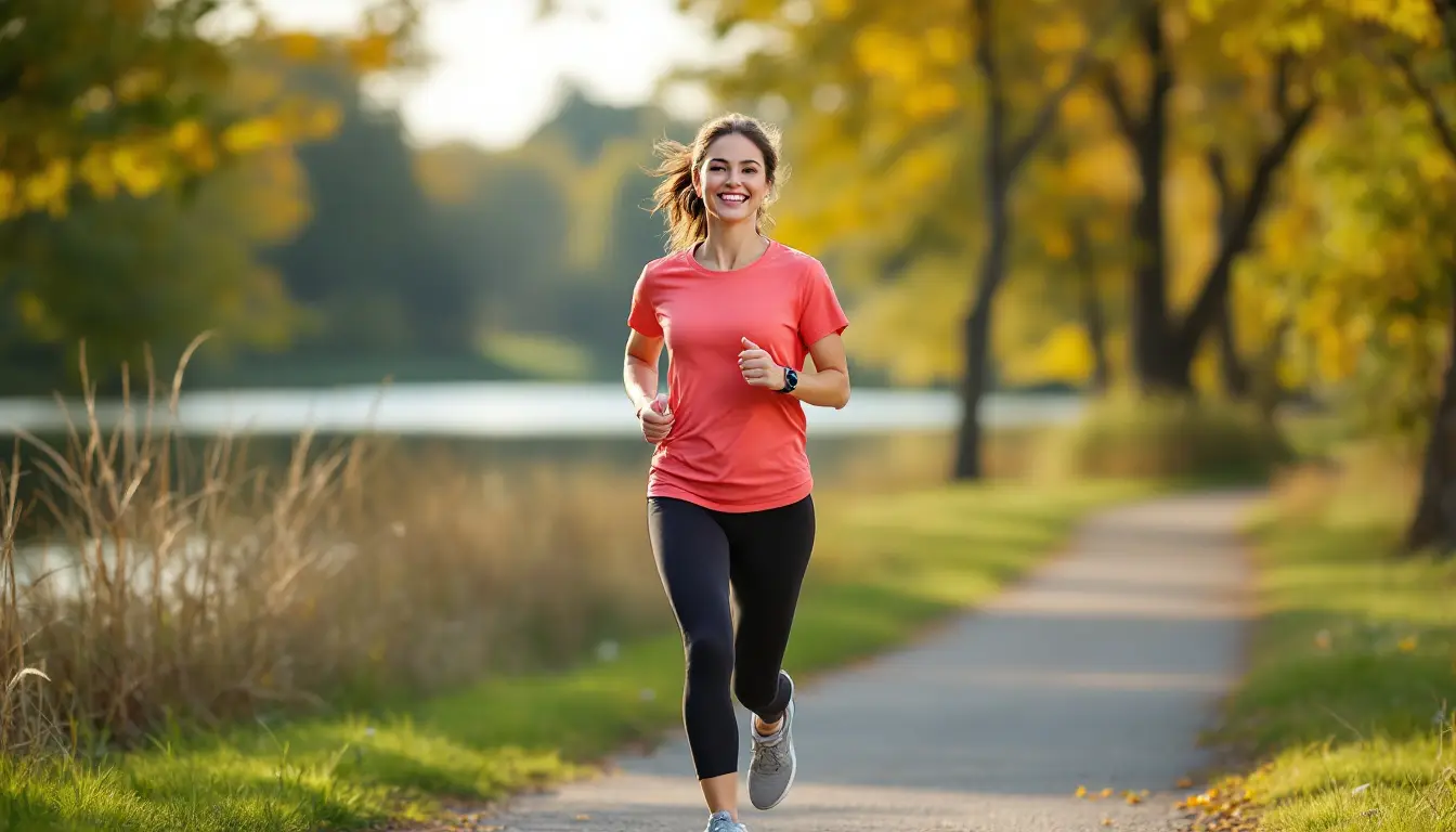 Femme souriante qui court le long d'un lac en automne