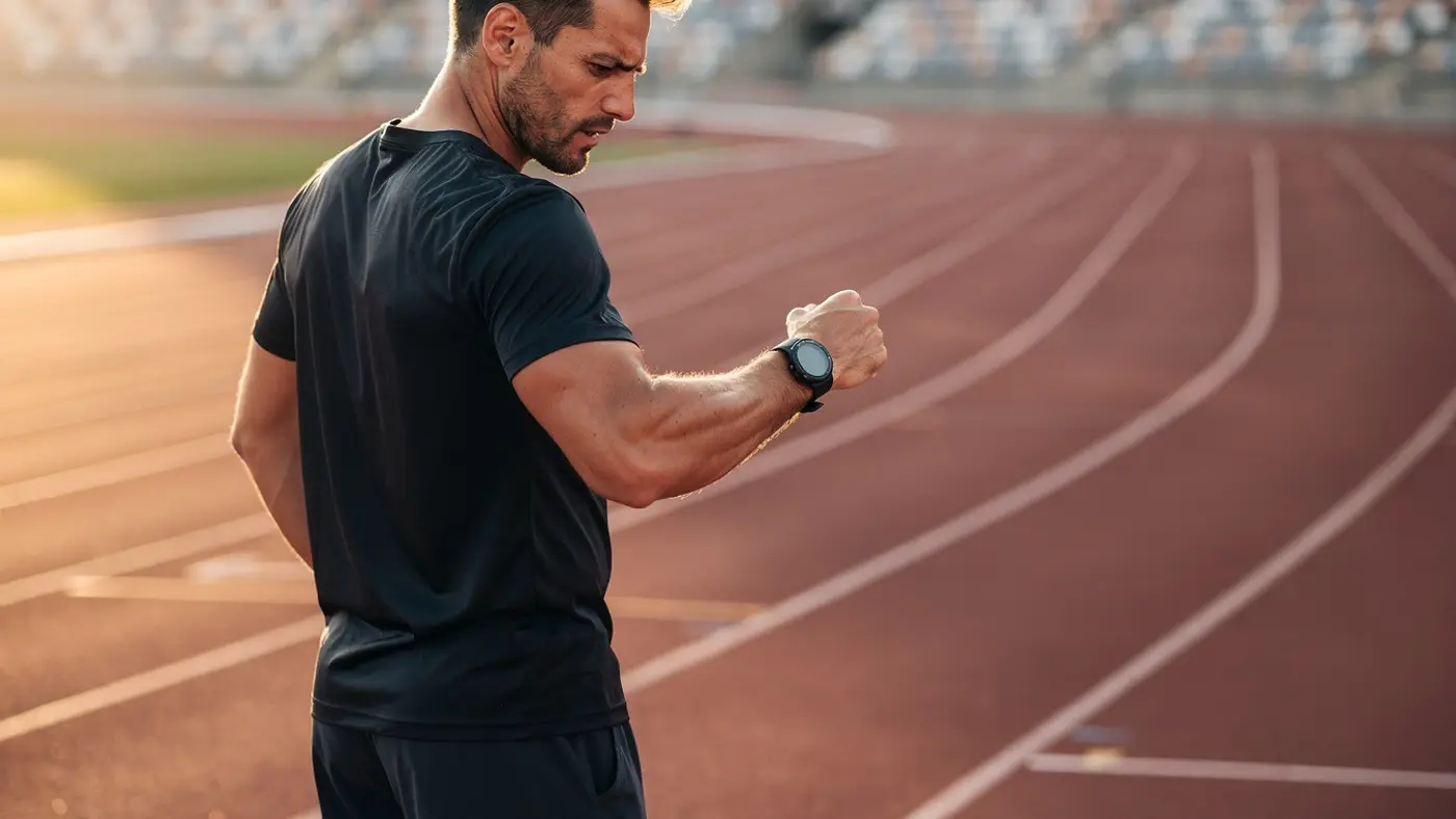 Coureur sur une piste d’athlétisme qui vérifie son allure sur sa montre après une accélération