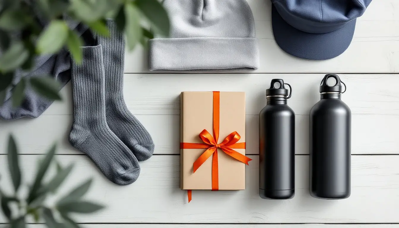 Chaussettes, bonnet, casquette, gourdes et cadeau emballé posés sur une table