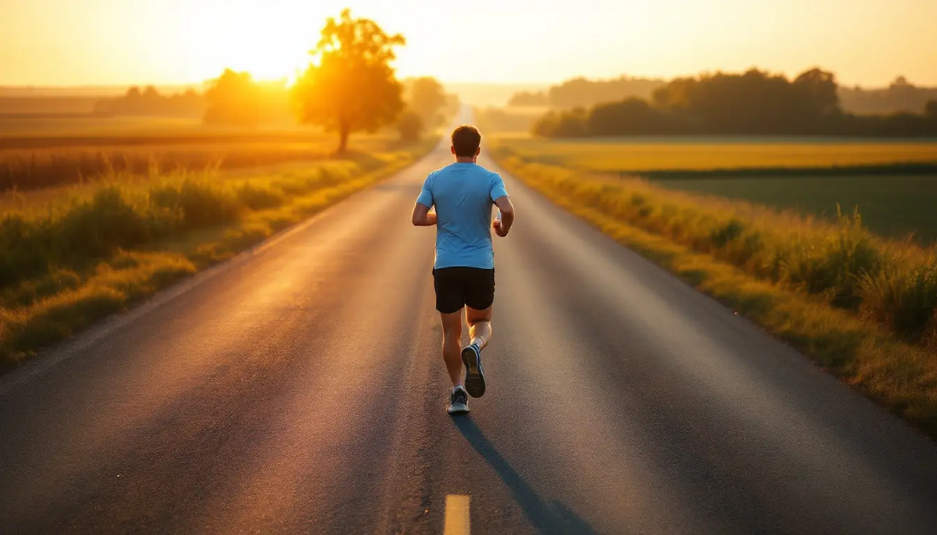 Coureur seul sur une longue route de campagne au lever du soleil