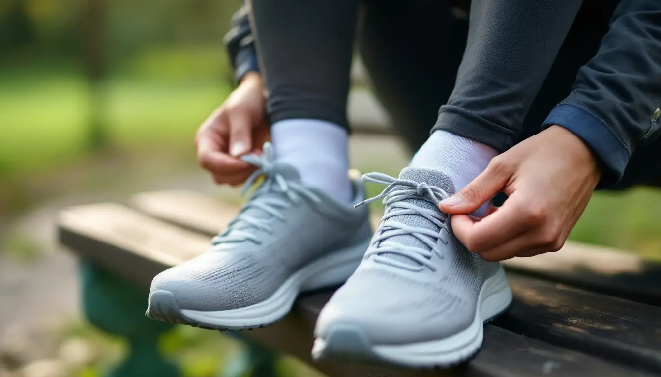 Coureur qui lace ses chaussures, chaussettes bien tirées, assis sur un banc