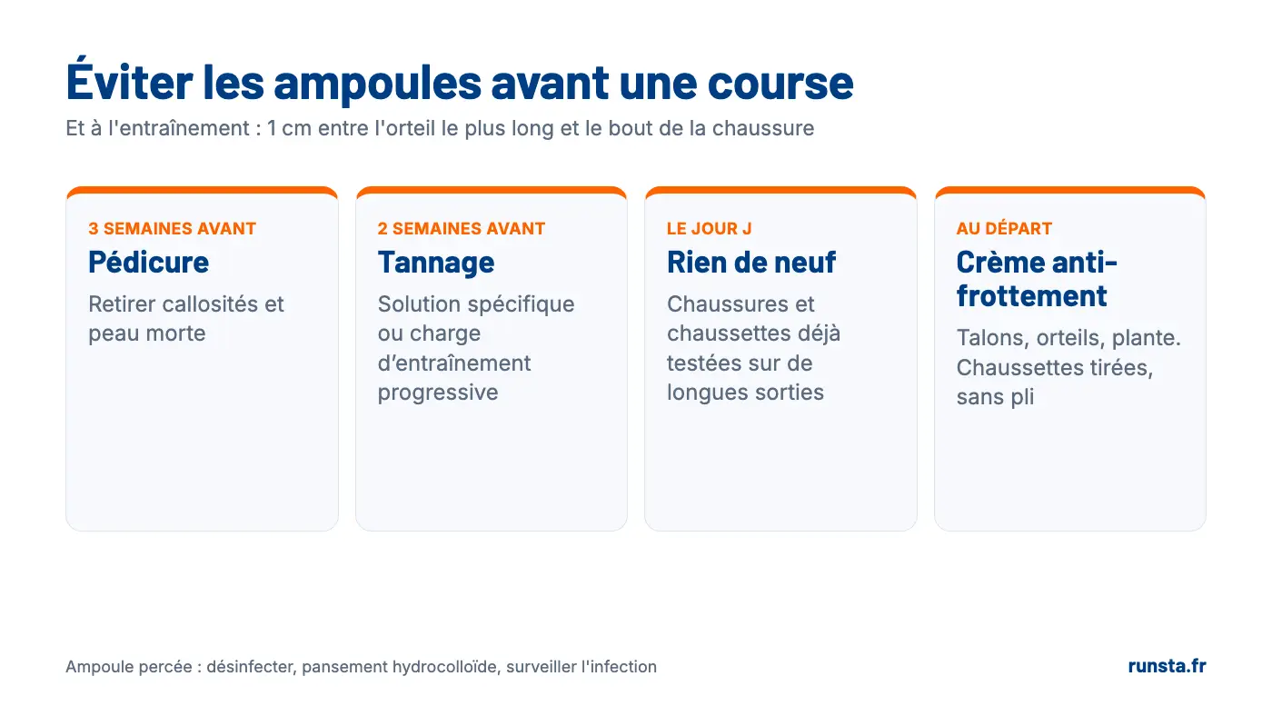 Éviter les ampoules avant une course : pédicure 3 semaines avant, tannage 2 semaines avant, rien de neuf le jour J, crème anti-frottement au départ