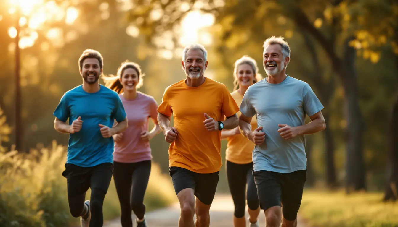 Groupe de coureurs de tous âges qui discutent en courant dans un parc