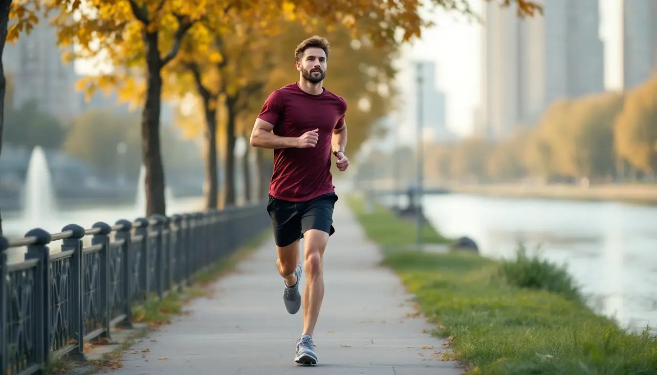 Coureur au buste droit et aux épaules relâchées le long d'un quai