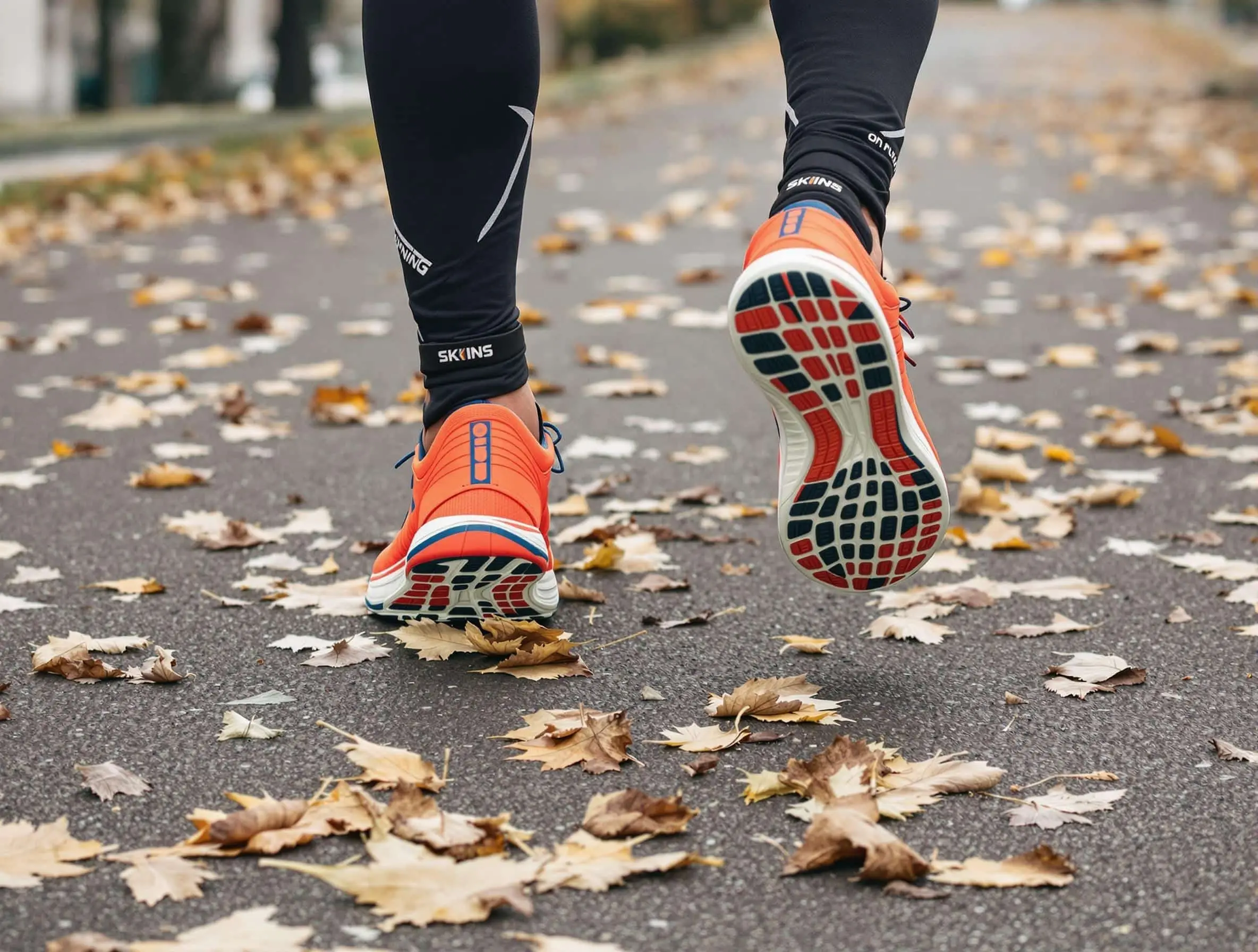 Gros plan sur la foulée d'un coureur, chaussures sur des feuilles mortes