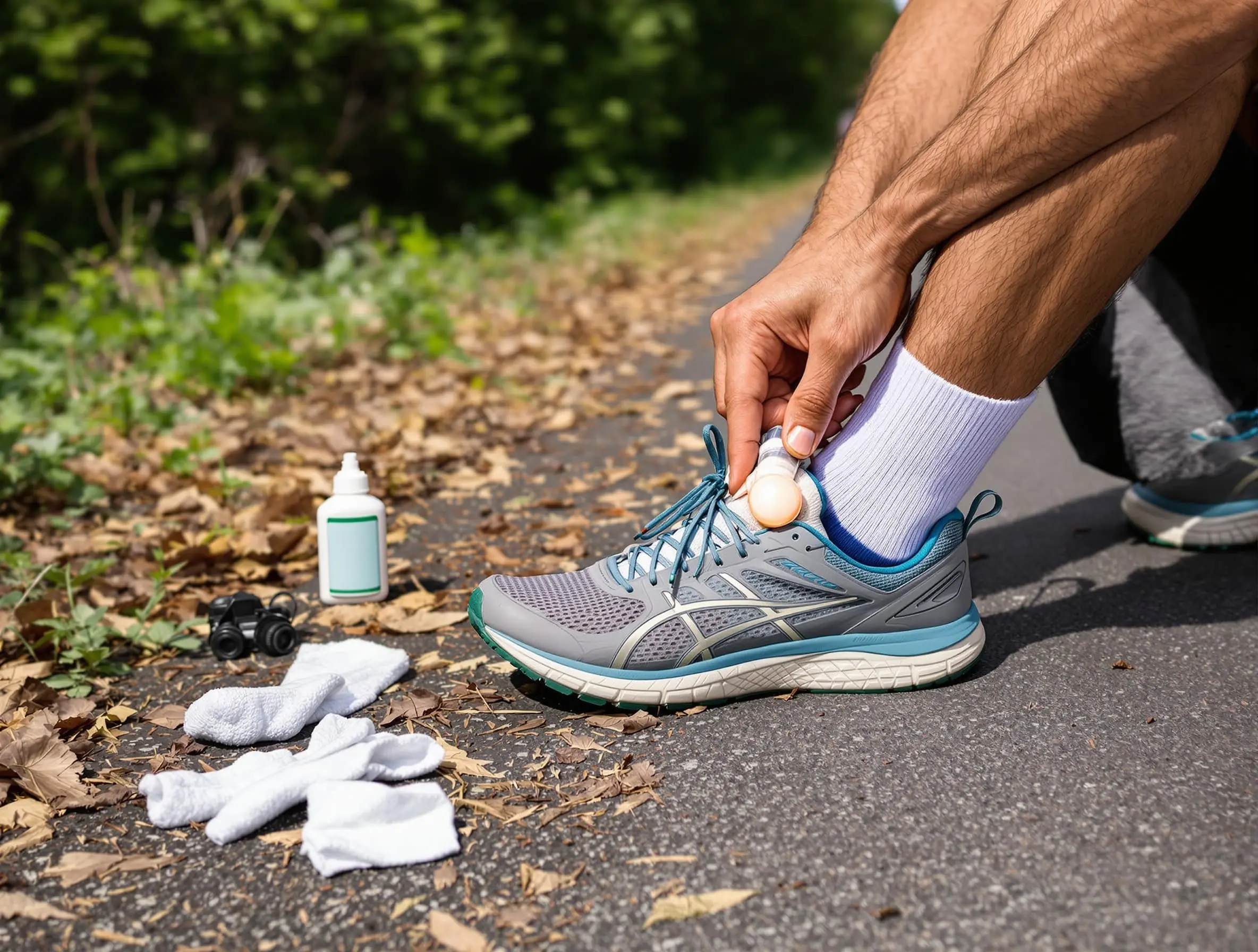 Coureur soignant une ampoule au pied, chaussette et pansement au bord du chemin