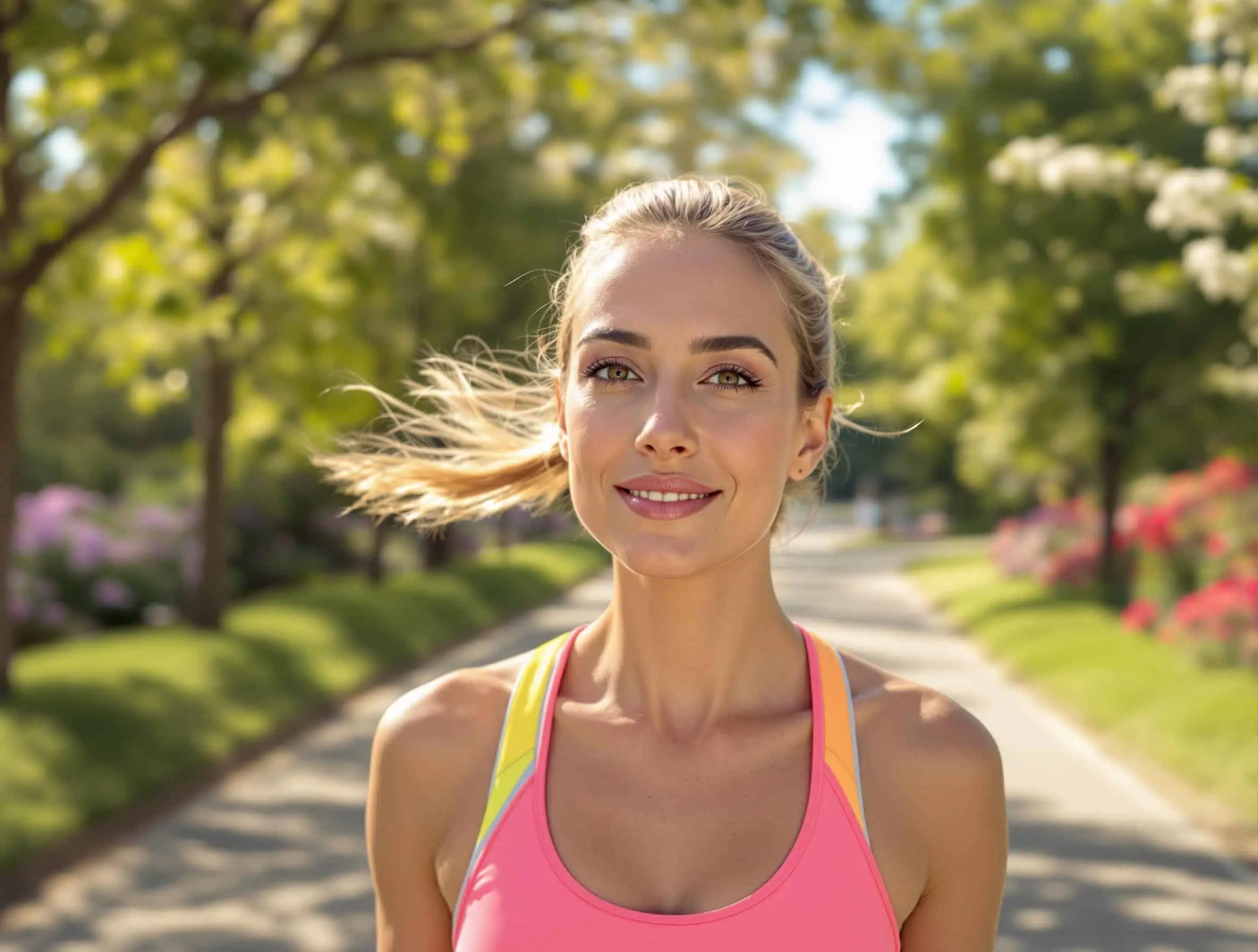 Coureuse souriante au teint éclatant, dans une allée ensoleillée