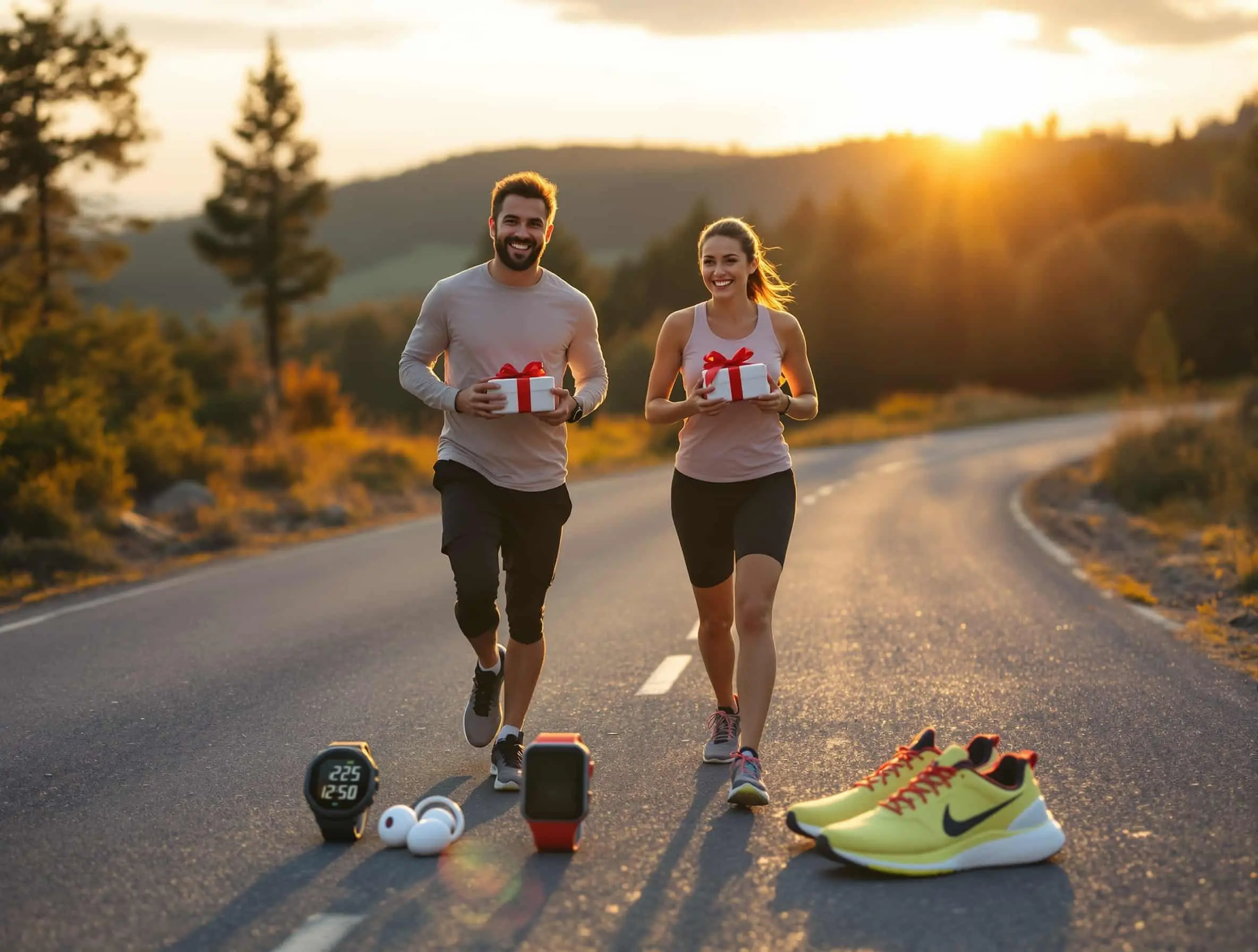 Deux coureurs tenant des cadeaux, avec montre, écouteurs et chaussures de running