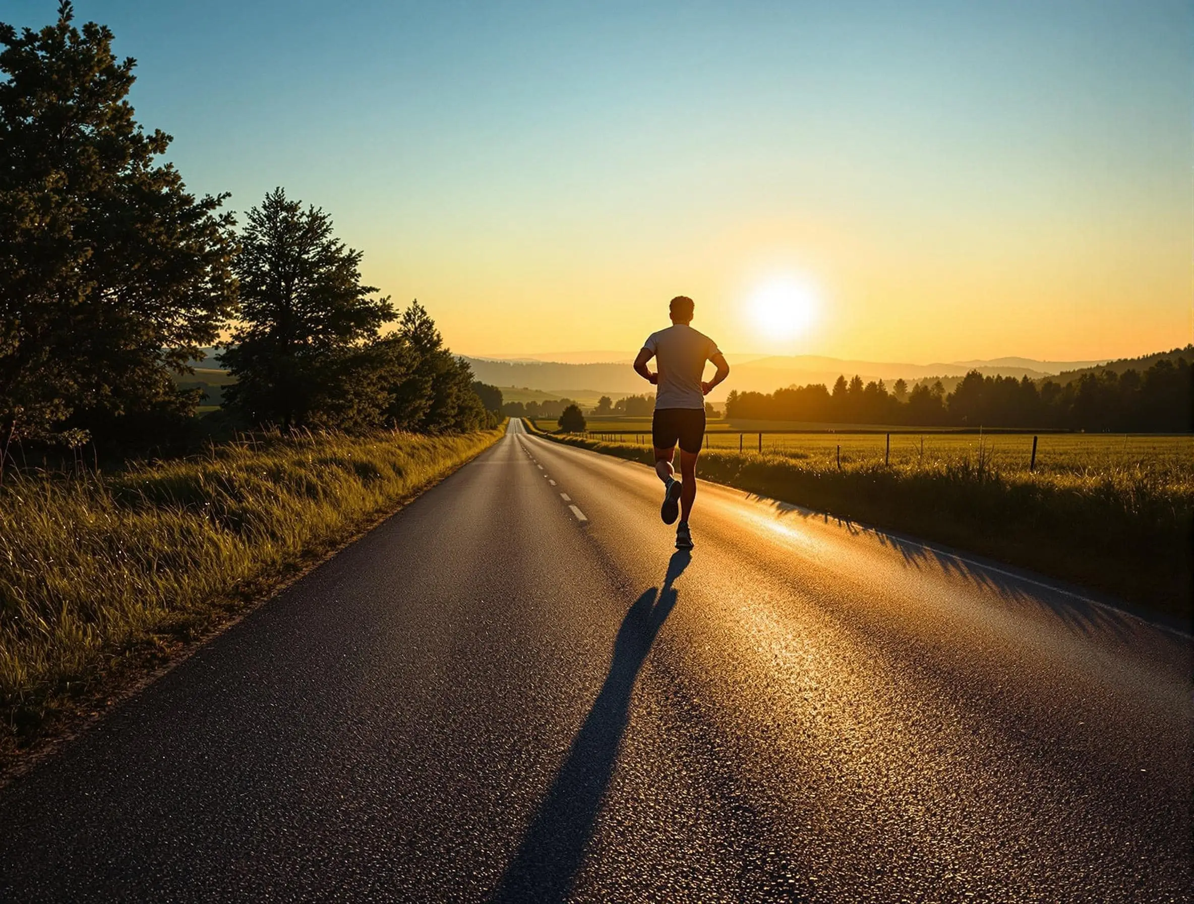 Coureur seul sur une route de campagne au lever du soleil