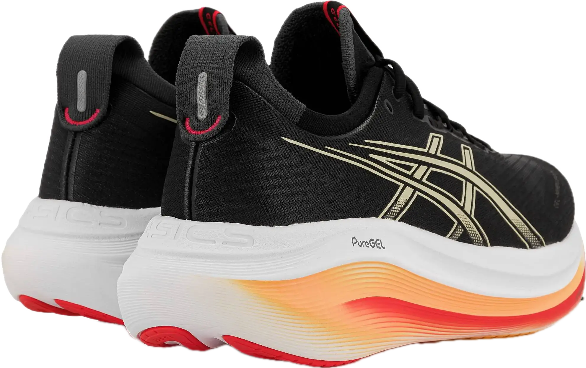 Trois quarts arrière de l'Asics Gel-Nimbus 27, épaisseur de semelle et capsule PureGEL au talon