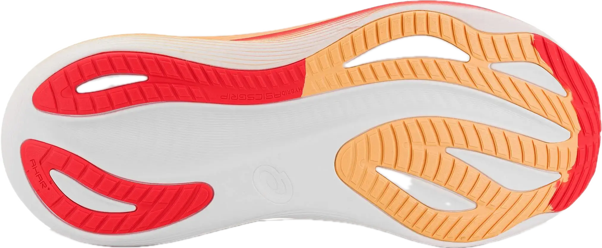 Semelle de l'Asics Gel-Nimbus 27 vue de dessous, géométrie arrondie et gomme ASICSGRIP