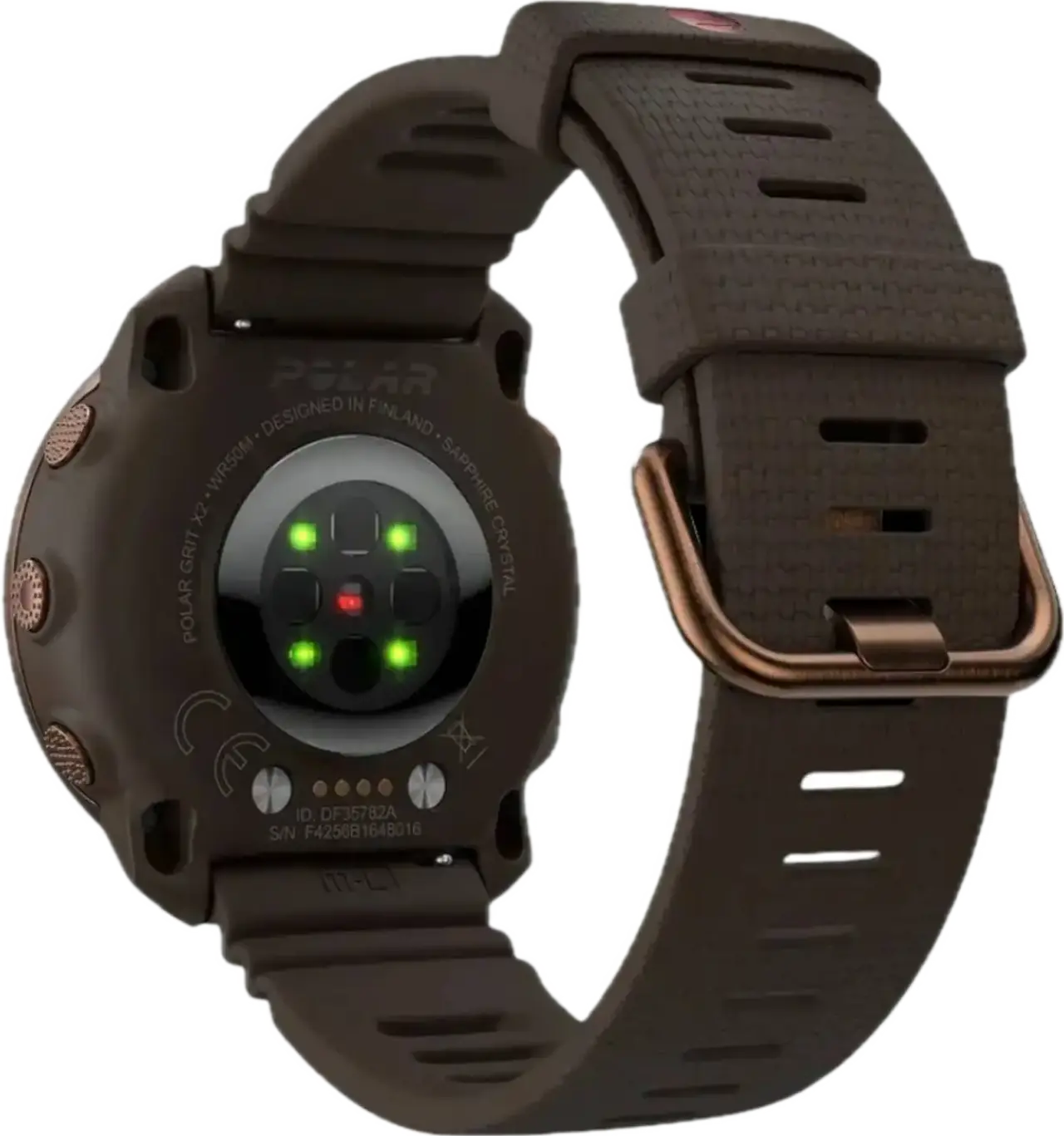 Polar Grit X2 vue de dos, capteur cardio optique et ses diodes vertes