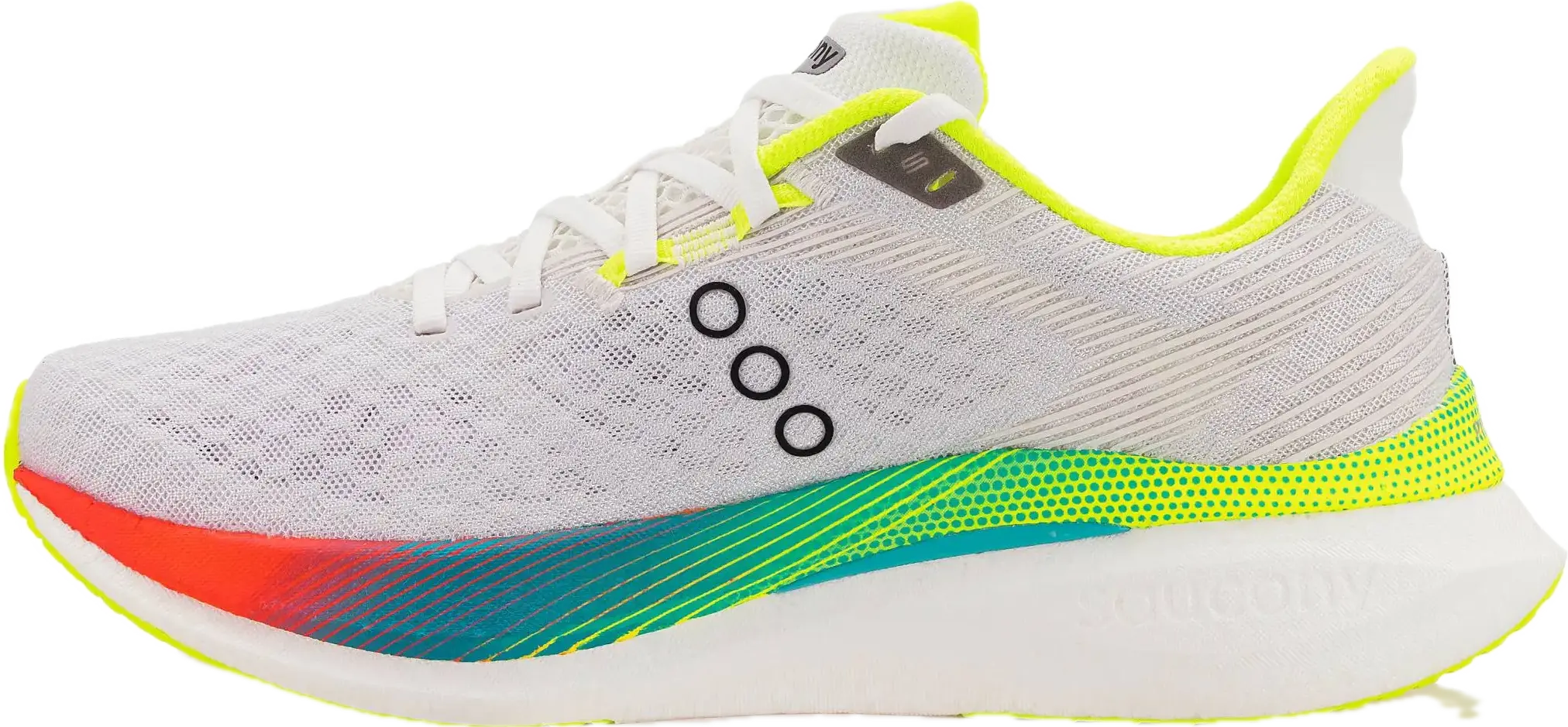 Saucony Endorphin Speed 5 vue de trois quarts côté intérieur, semelle à bascule SpeedRoll