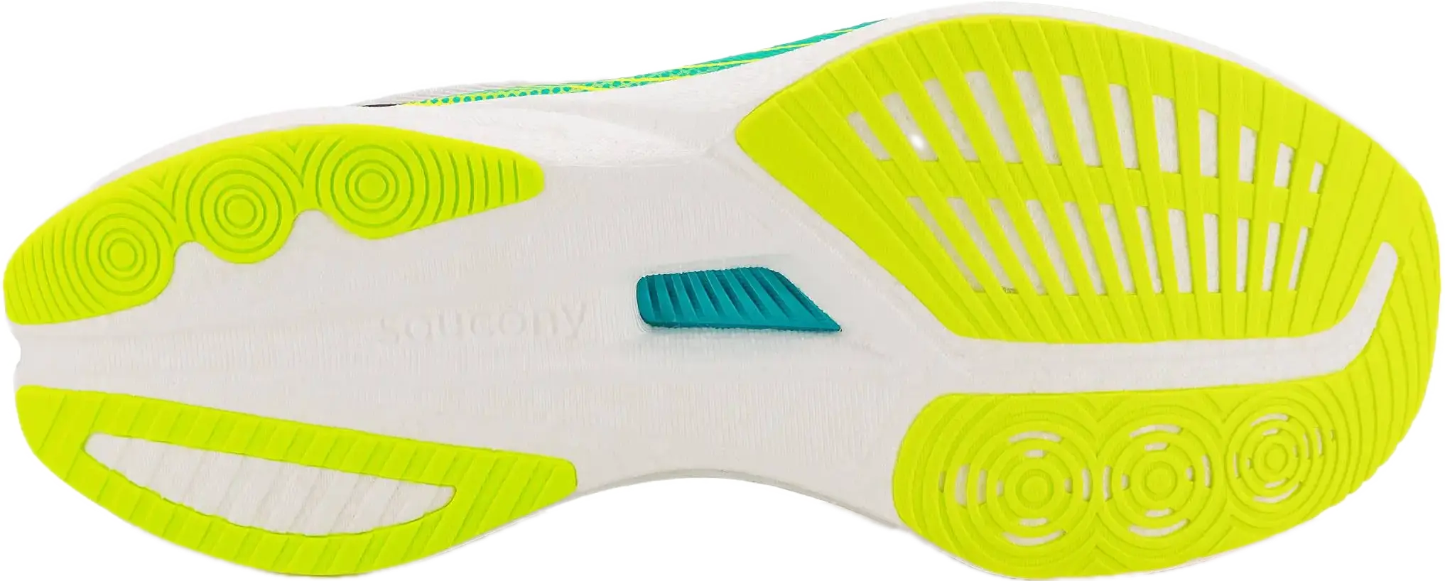 Semelle de la Saucony Endorphin Speed 5 vue de dessous, patins de gomme et mousse à nu