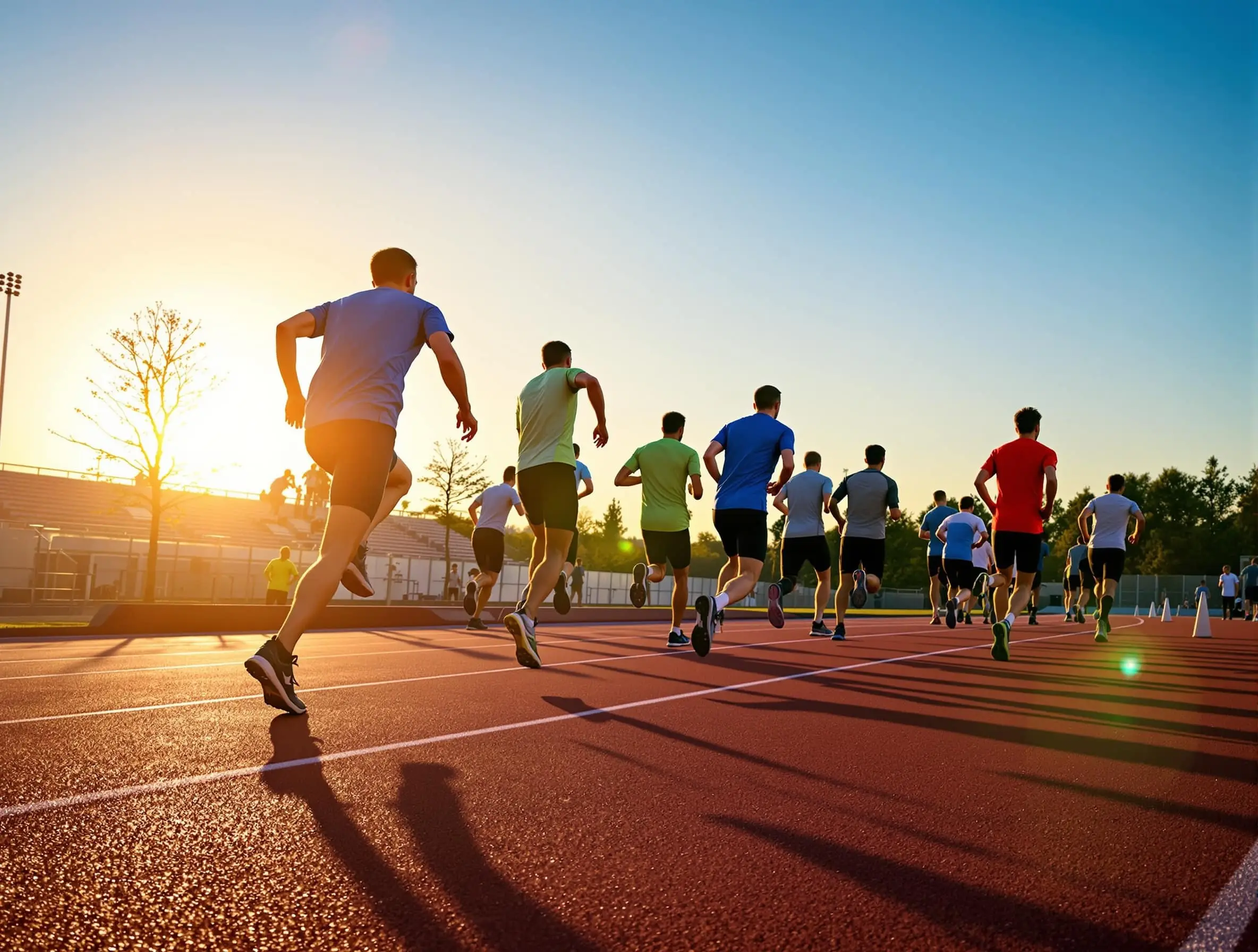 Groupe de coureurs sur une piste d'athlétisme pendant l'échauffement