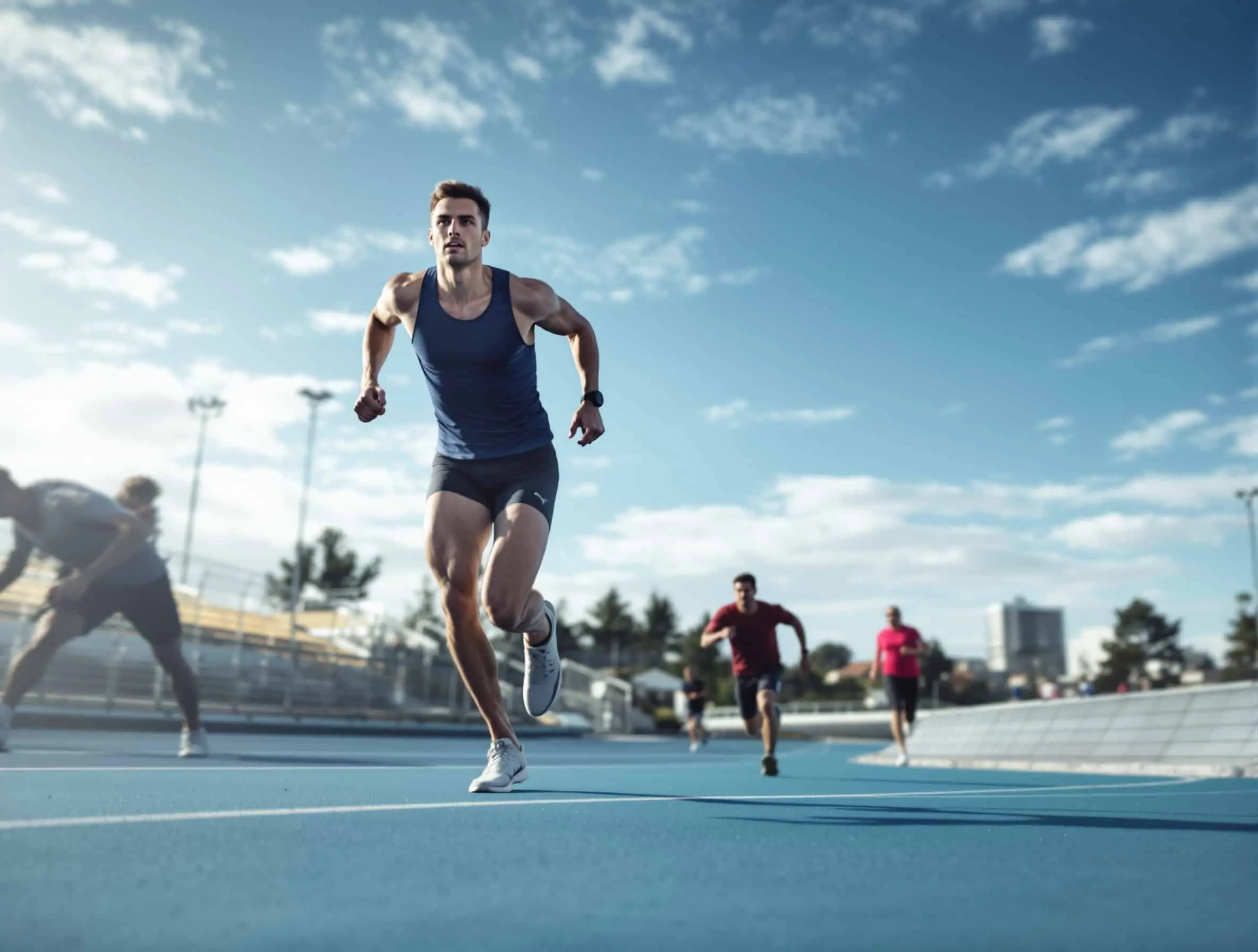 Coureur en pleine accélération sur une piste, entraînement fractionné