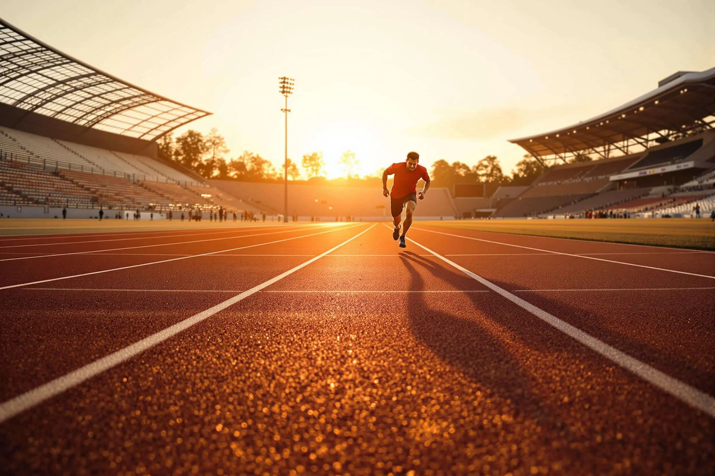 Coureur sur la piste d'un stade au coucher du soleil, fractionné 400 m