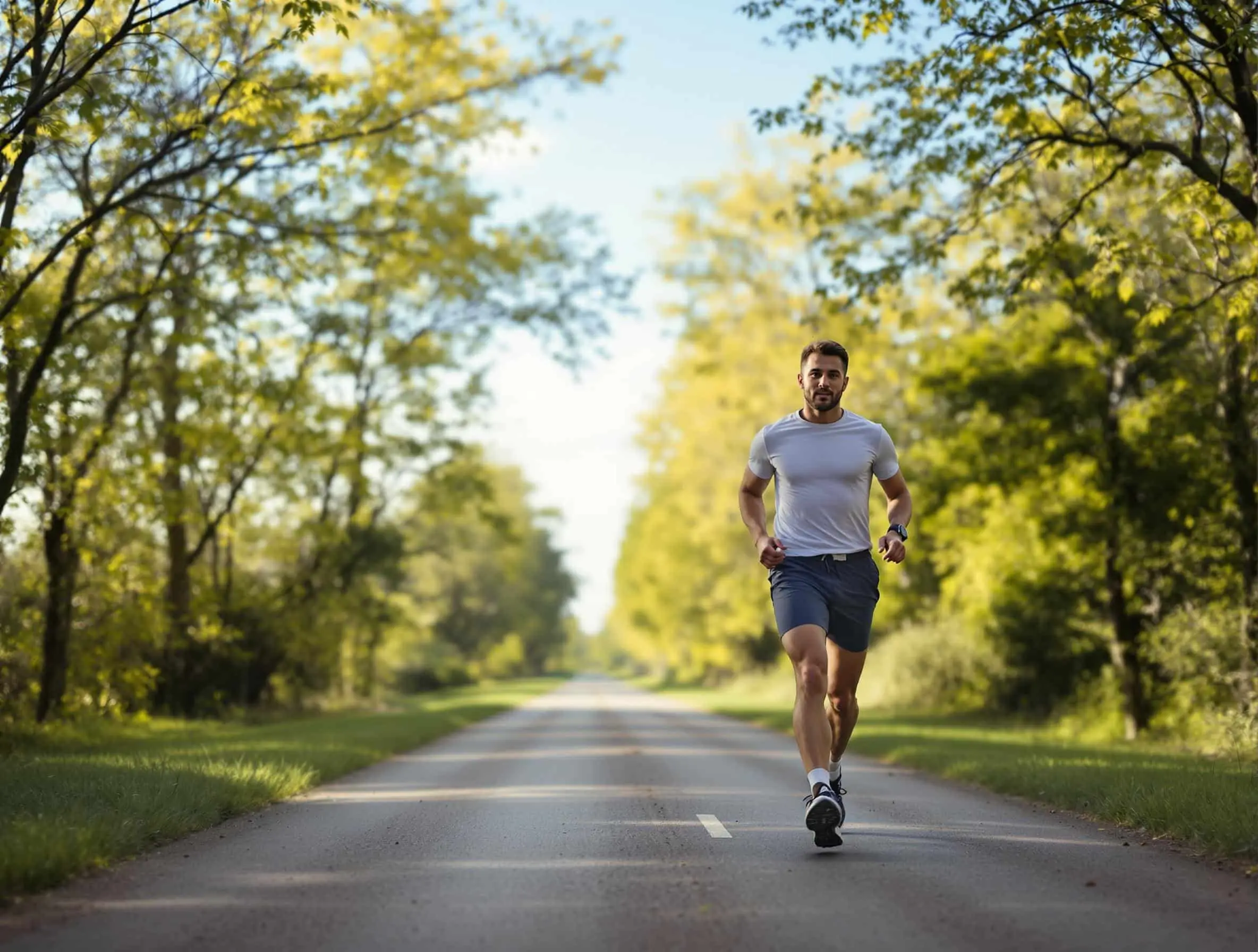 Coureur sur une route bordée d'arbres, première séance de fractionné