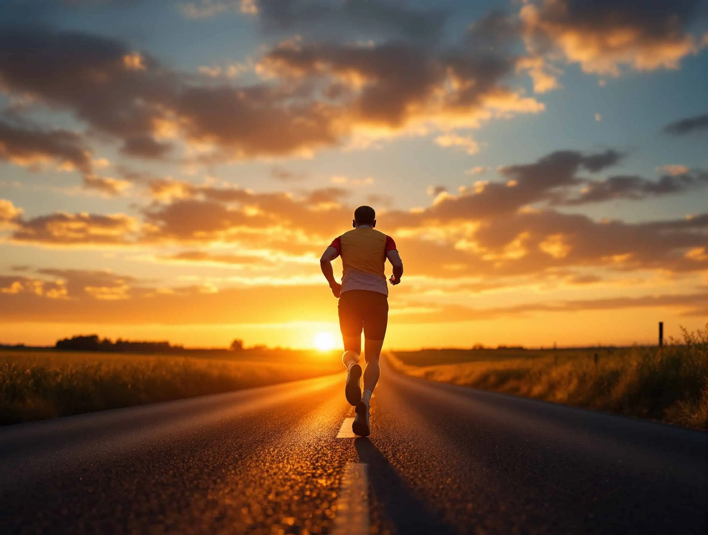 Coureur seul sur une route au coucher du soleil