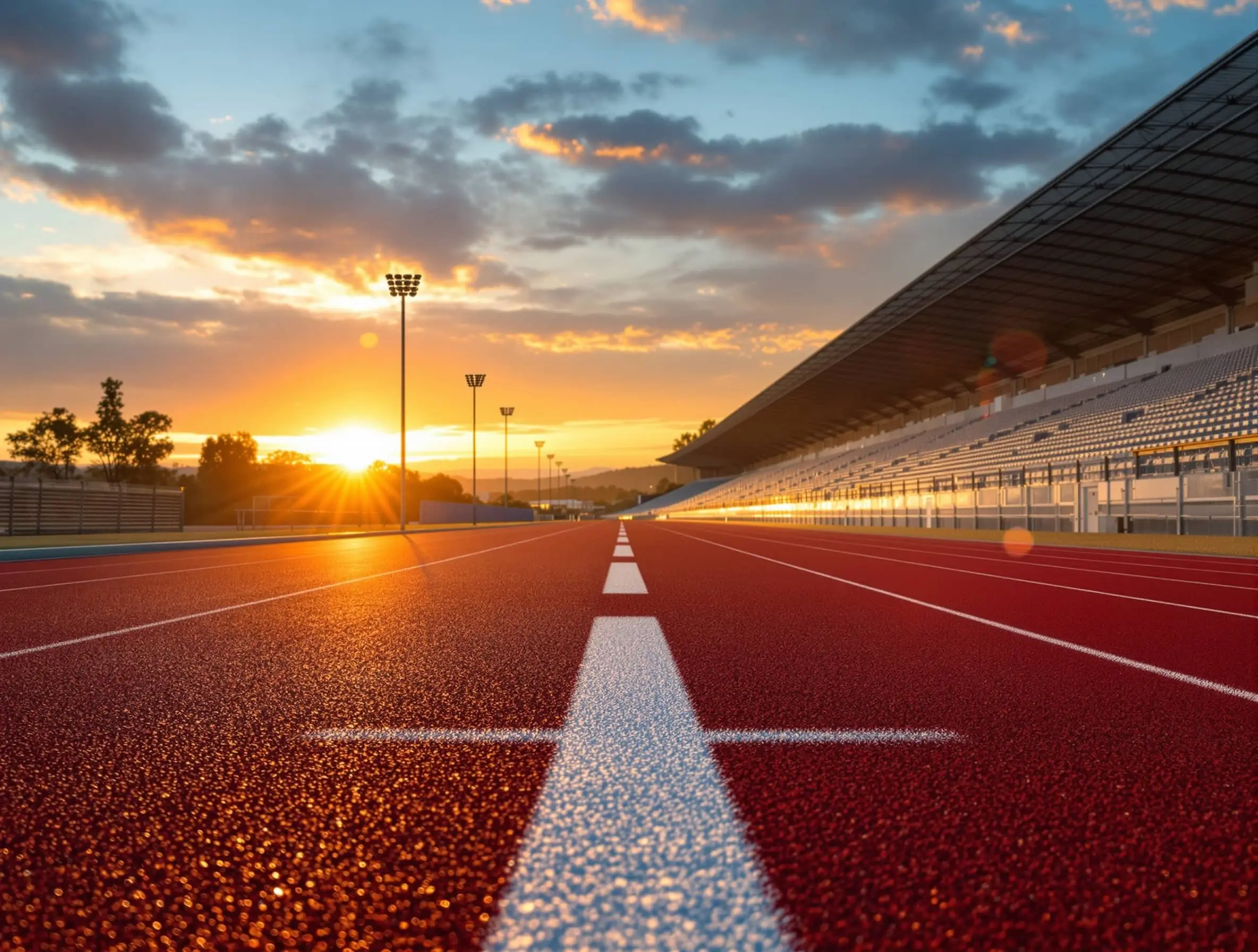 Piste d'athlétisme vide au coucher du soleil, avant une séance de fractionné