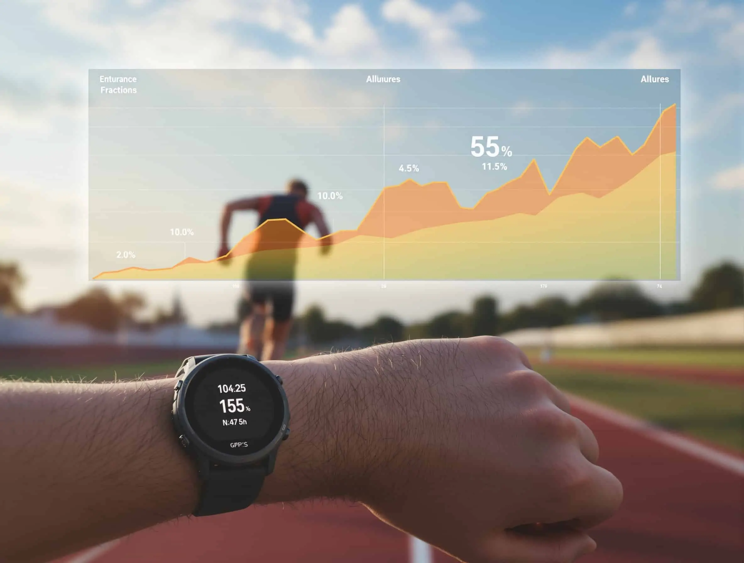 Montre GPS au poignet d'un coureur et courbe d'allure en surimpression