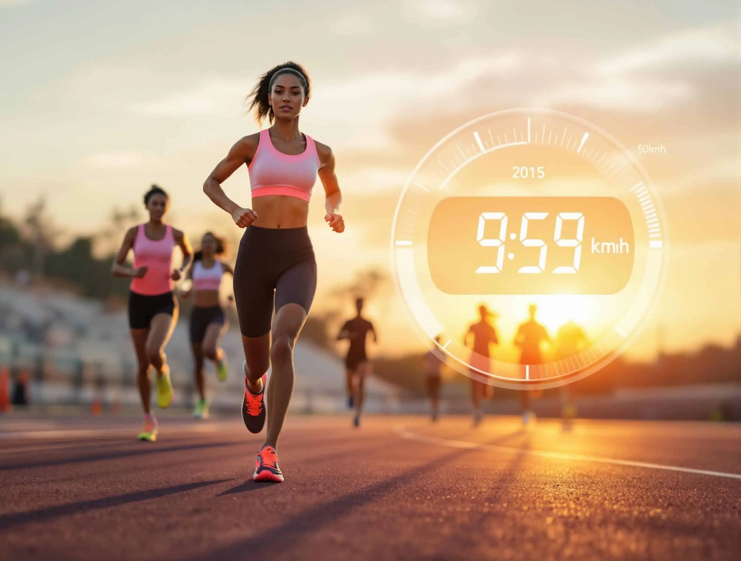 Coureuses sur une piste au coucher du soleil, avec un compteur de vitesse en km/h